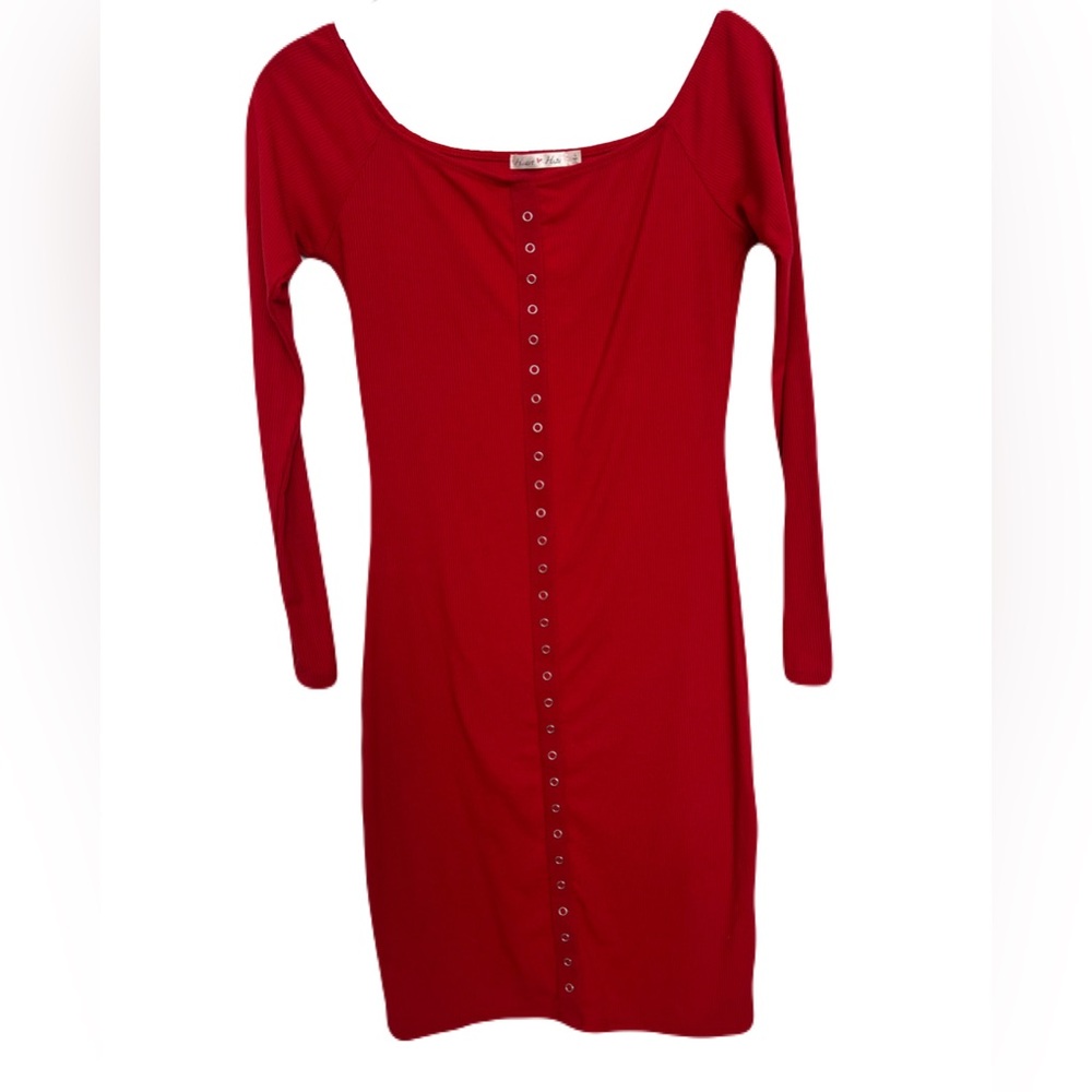 ❤️ EUC HEART & HIP Red Rib Knit Bodycon Dress w/ Faux Snaps | Women’s Small